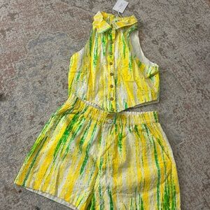 Yellow and Green Sleeveless Button-Up Top and Shorts Set